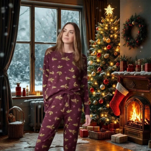 Lauren Conrad Holly Berry Christmas Pajama Set Burgundy Women’s Size XXL - Picture 4 of 15